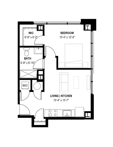 Floor plan for 1 bed, 1 bath, 589 sqft